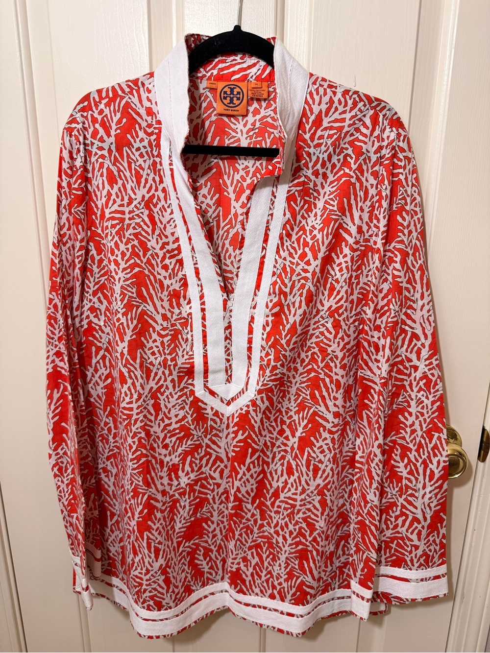 Tory Burch Coral and White Printed V-Neck Tunic Top